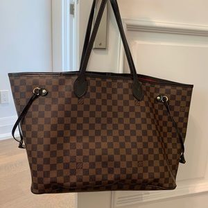 SAC NEVERFULL MM Louis Vuitton bag. Tan brown and red. Slightly damaged handle.